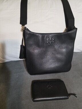 Tory Burch Black Pebbled Leather Crossbody with Tassel and Zip Wallet